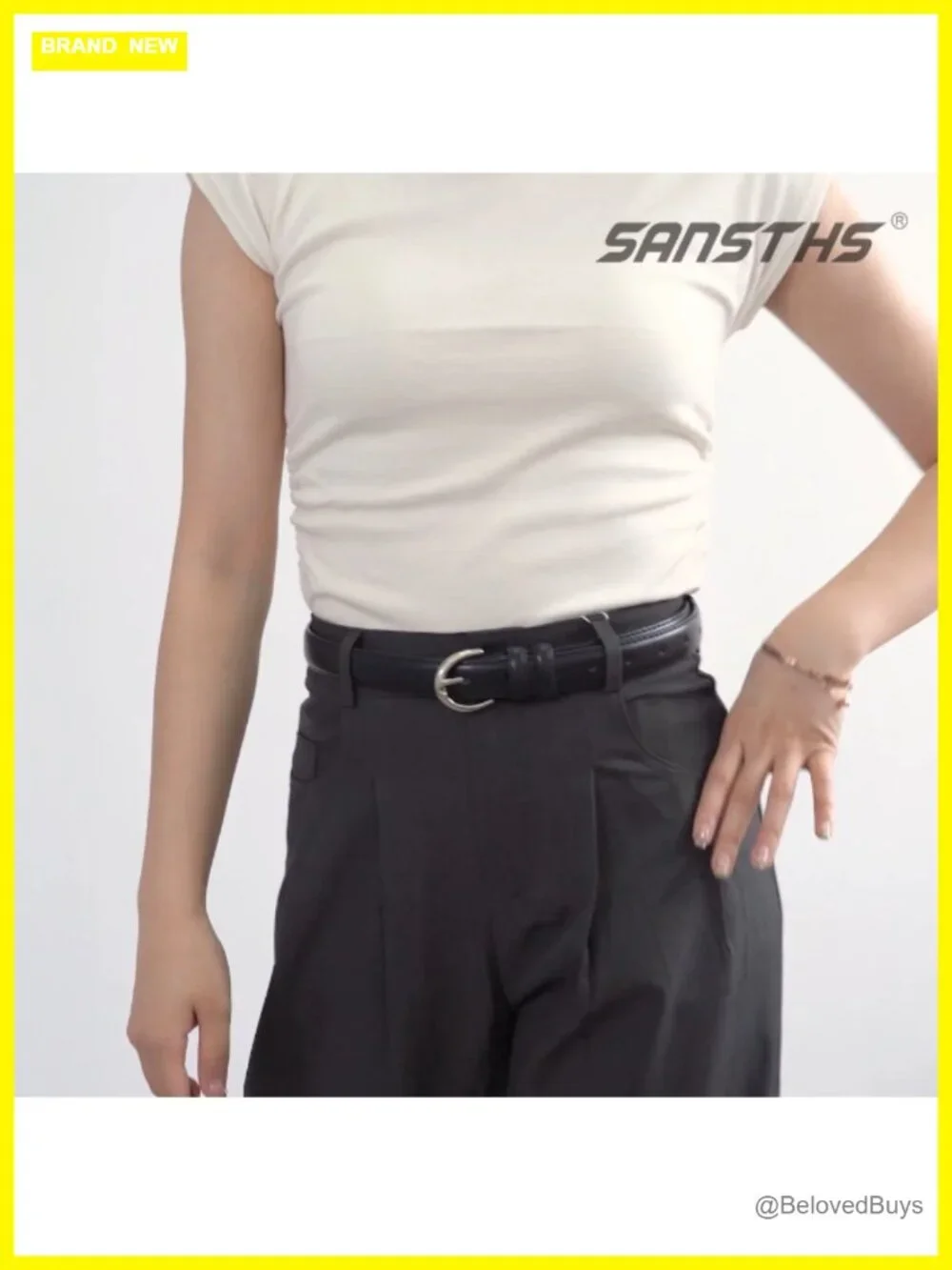 Women Faux Leather Belt Skinny Single Prong Buckle Casual Dress Pants